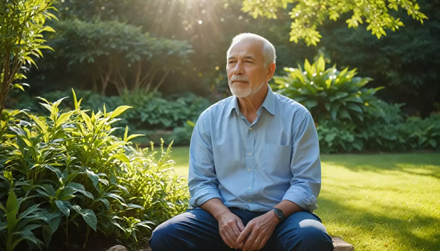 Starszy mężczyzna siedzi w ogrodzie, promienie słońca.